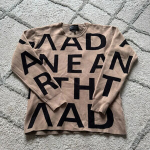 Frank Lyman tan and Black letter Knit Top sweater Crewneck medium